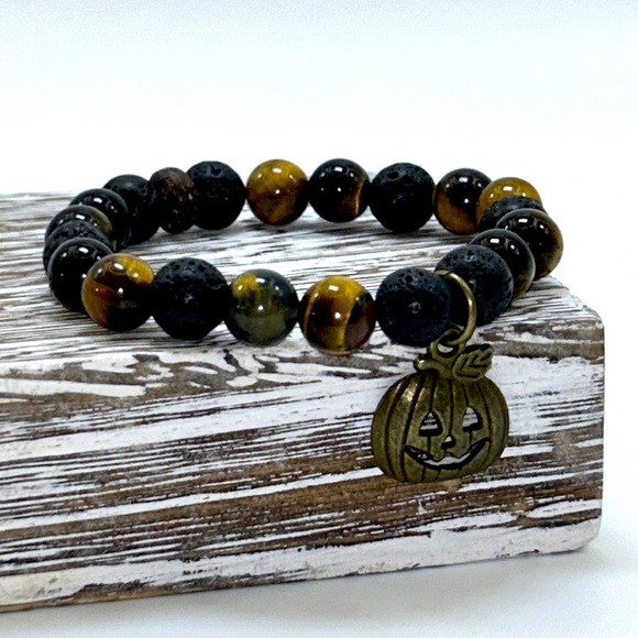 Handmade Halloween Pumpkin Charm Bracelet with Natural Tiger Eye & Lava Rock! - Picture 6 of 6